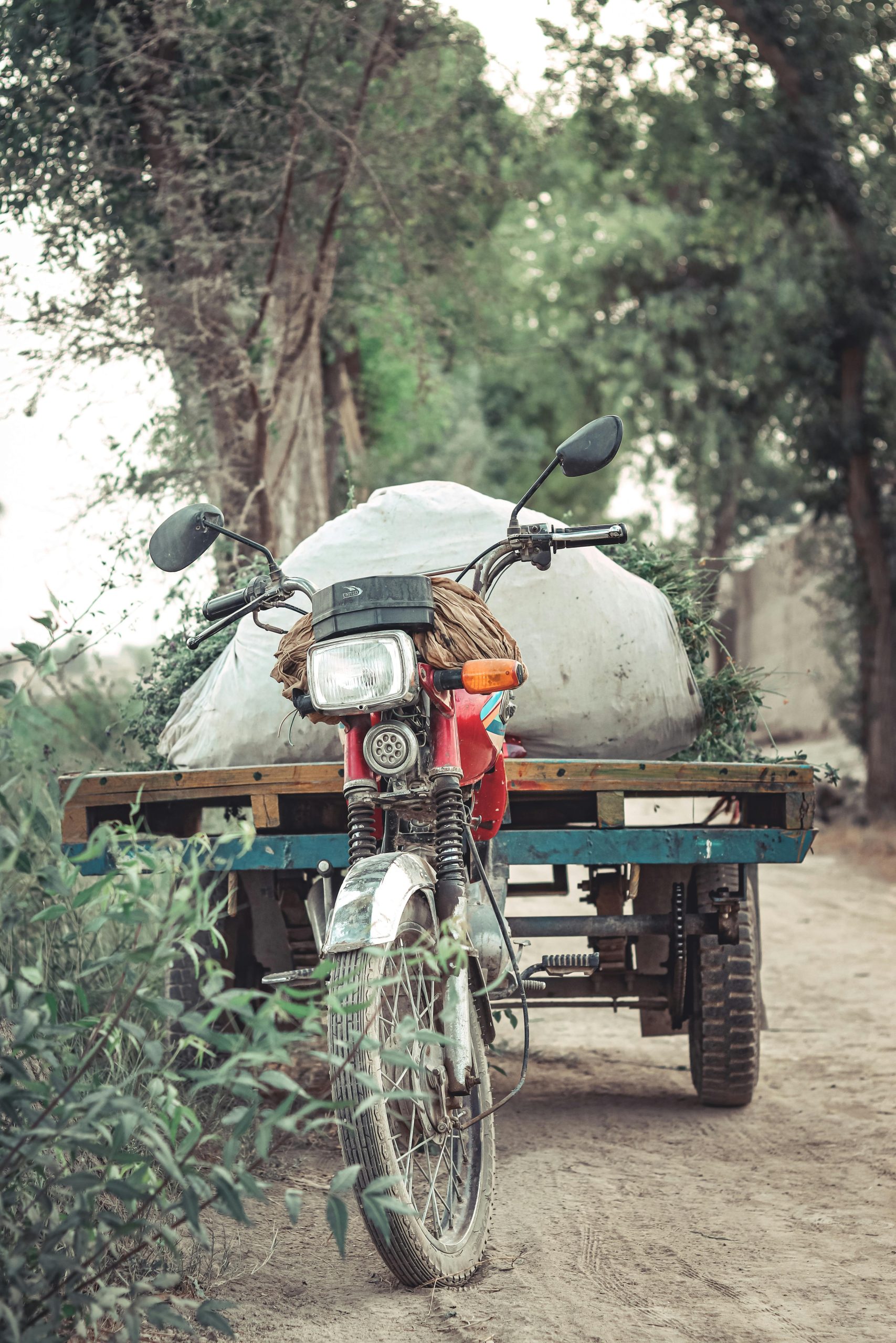 Une moto avec une remorque transportant des sacs sur un chemin rural, entourée d'arbres.
